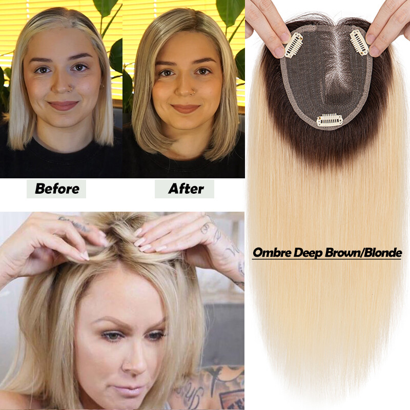 100% Real Human Hair Clip in Hairpiece Topper Top Toupee for Women Thinning Hair