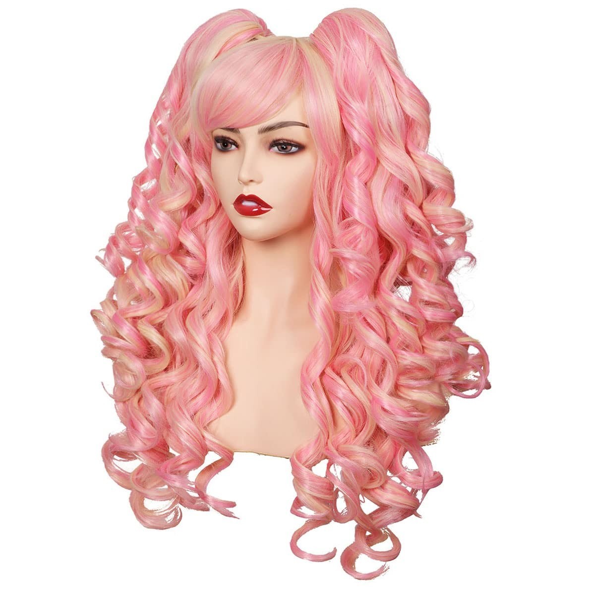 Curly Cosplay Wig for Women Blonde/Pink with Adjustable Cap and 2 Ponytails