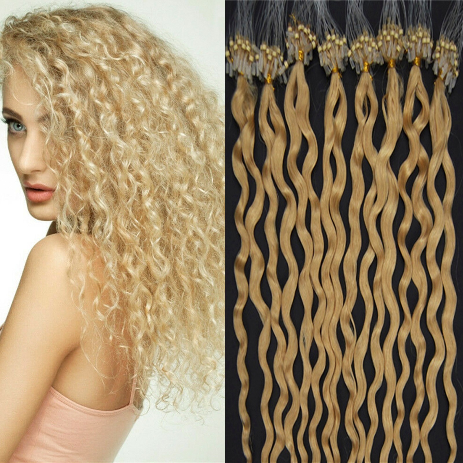 Micro Beads Loop Ring Link Real Human Hair Extensions Water Curly 20inch 100S50g