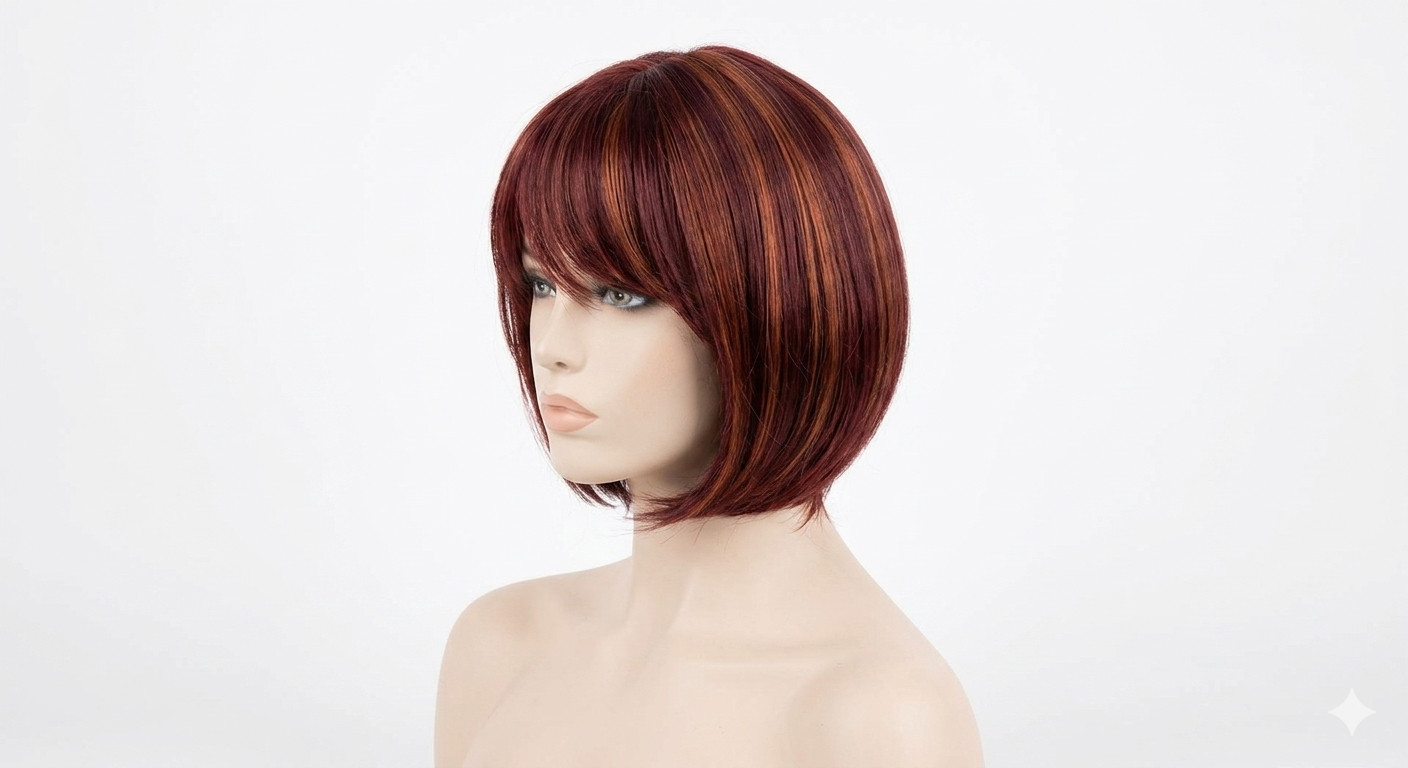 RENERSHOW Short Burgundy Highlight Bob Wig bangs red pixie women synthetic daily
