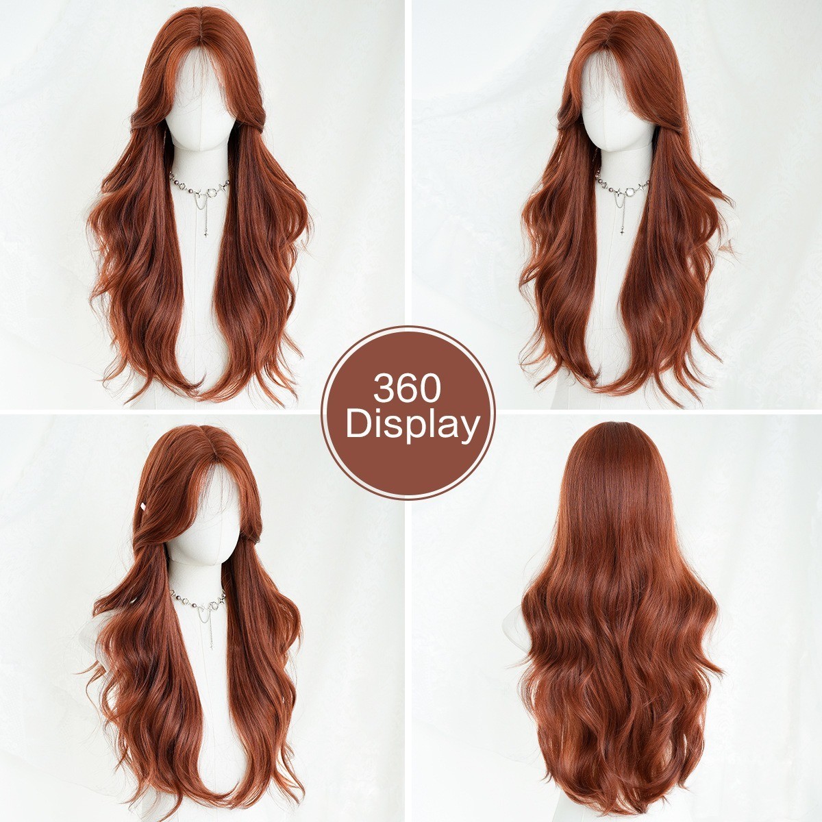 Wig with orange-red curly bangs long hair big waves fluffy texture