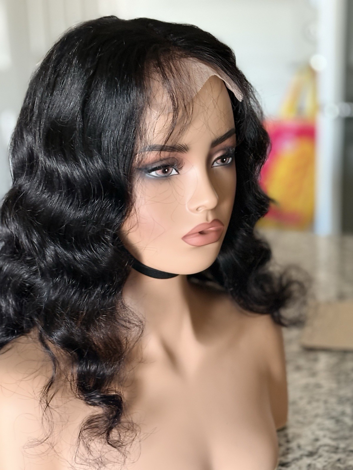 Natural Black Body Wave Human Hair Wig 16inch 4×4 Lace Closure Glueless