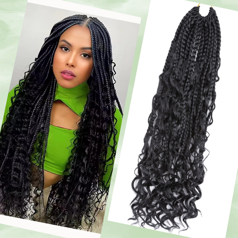28″ Women Boho Box Braids Hair Crochet Braiding Ocean Wave Twist with Curly Ends