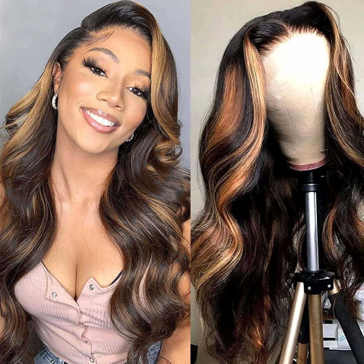 Brazilian Human Hair Highlight 4×4 Lace Front Wig Balayage Body Wave Ombre La…