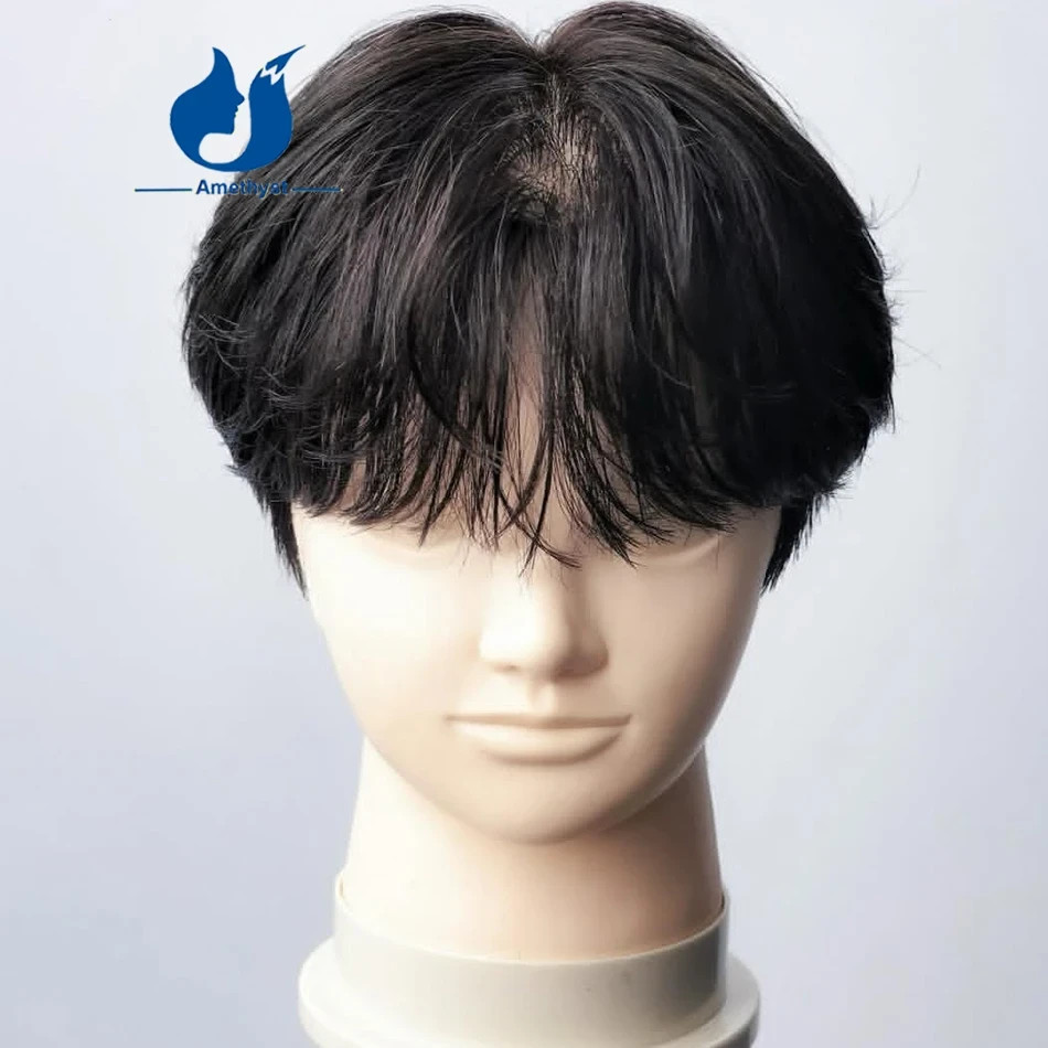 Black Straight Short Pixie Cut Wig for Men Human Hair with Bangs Full Lace Wig