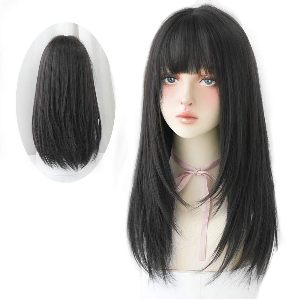 Long Black Straight Hair Wig with Bangs Synthetic High Density Long Hair Wig …