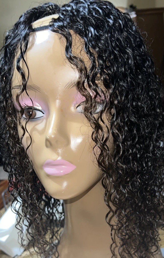 100% HUMAN HAIR WIG CURLY WATER WAVE HAIR -UPART NATURAL COLOR 12-14 IN” NEW