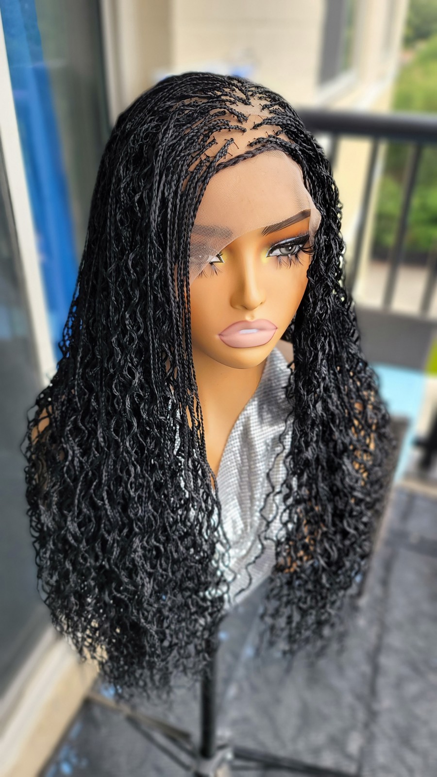 Braided Wig 22″ Micro Boho Braids Jet Black Full Lace Glueless Handmade Long NWT