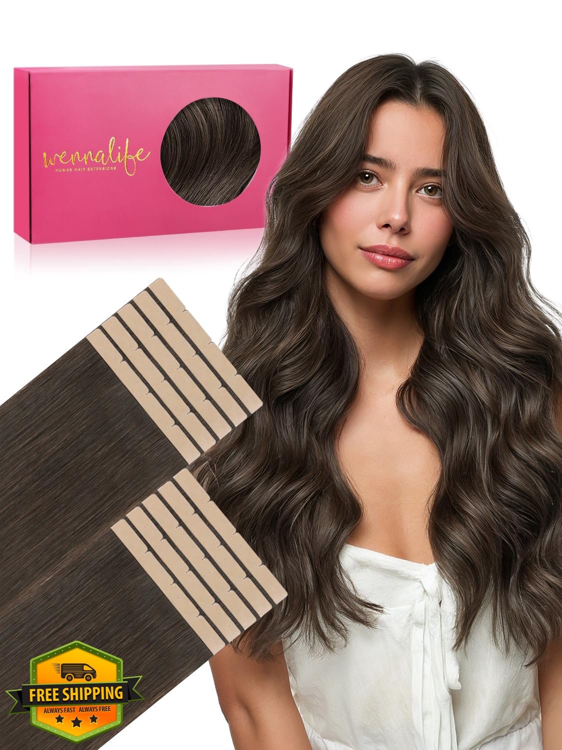 Wennalife 8cm Tape Human Hair 22 Inch Cool Dark Brown