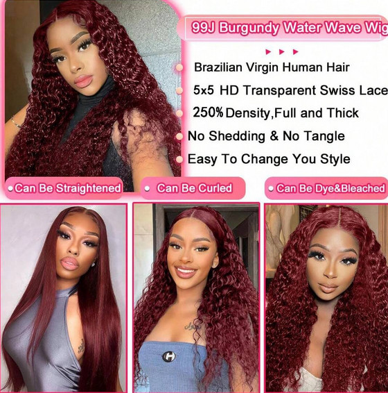 Burgundy 99J Human Hair 200% Density Human Hair 5×5 Water Wave