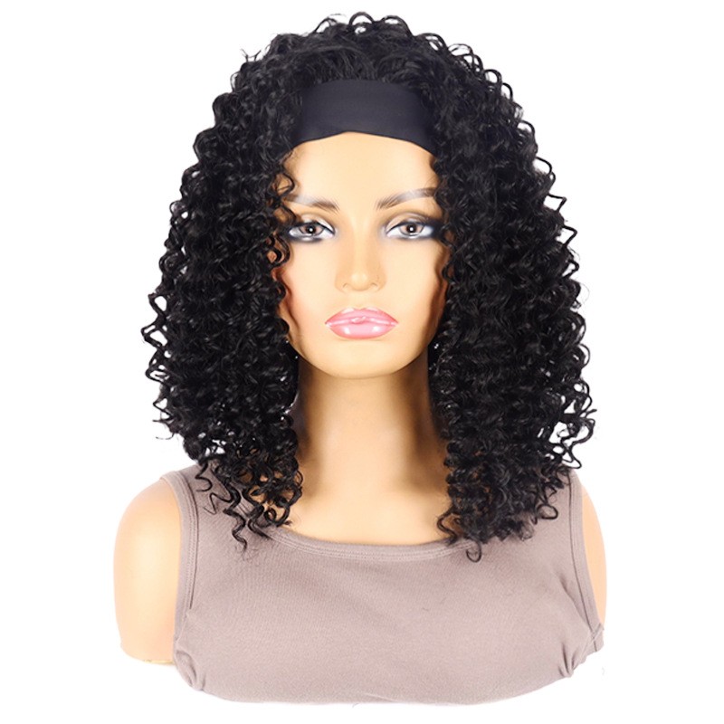Clearance African Short Black Curly Wig Ice Silk Headband Small Curly Synthetic