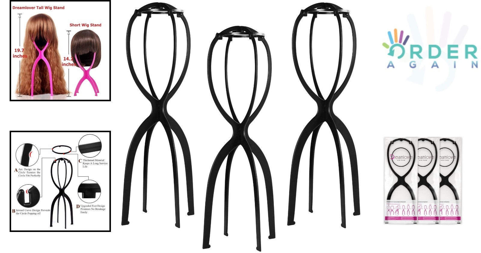 Wig Stand Tall Long Plastic 19.7 inch 3 Pack for Wigs Hats Storage
