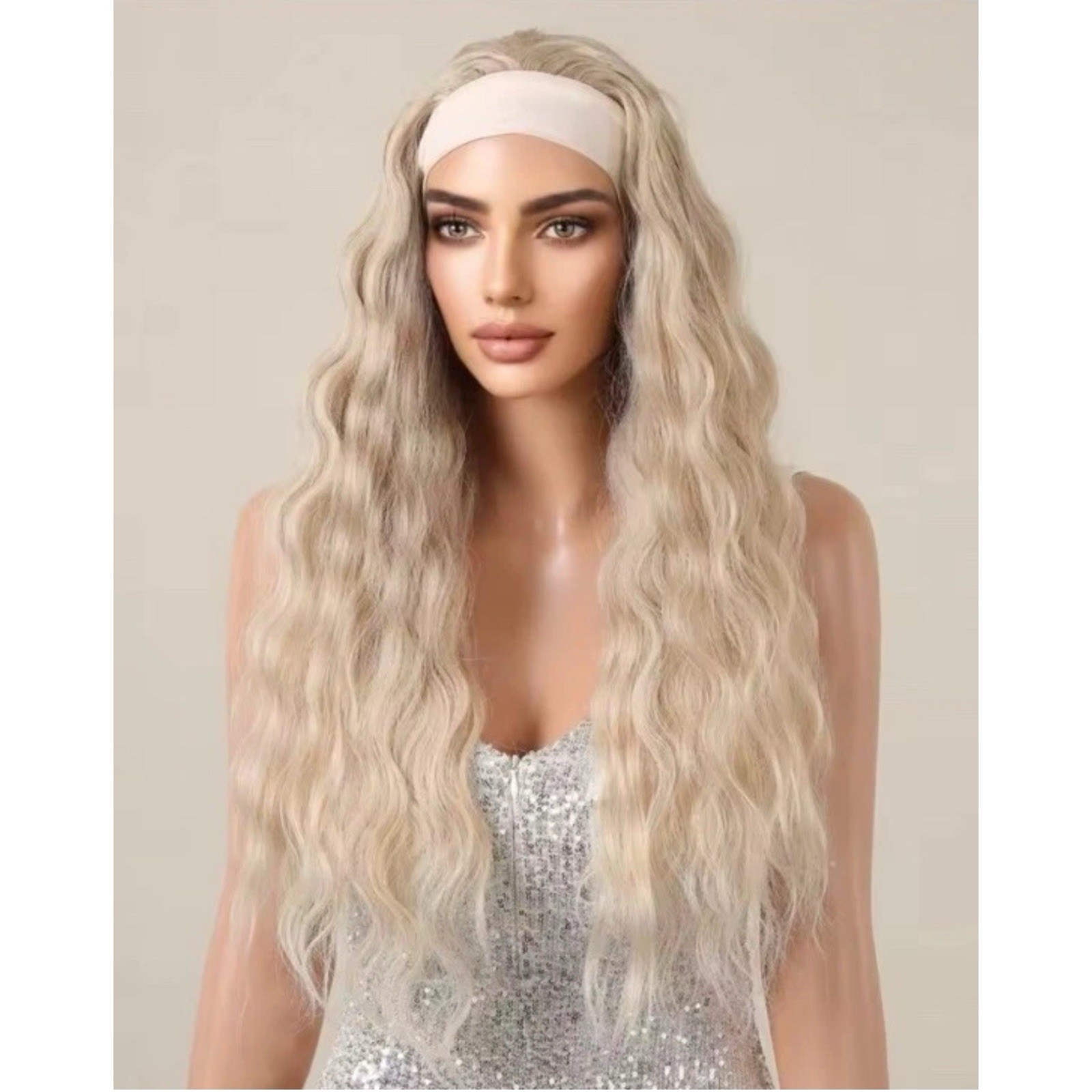Long Wavy Soft Headband Cap Blonde Synthetic Wig 28” New