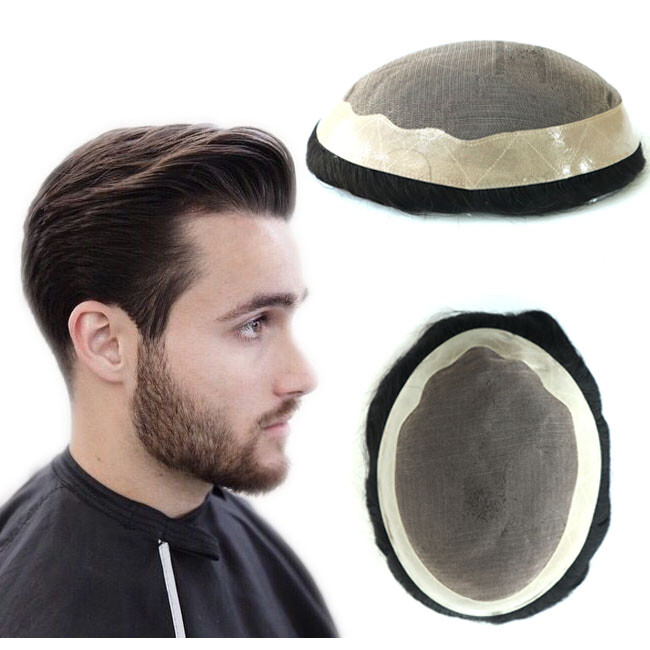 Natural Mens Hair Replacement System Fine Mono Toupee Indian Remy Hairpiece #1B