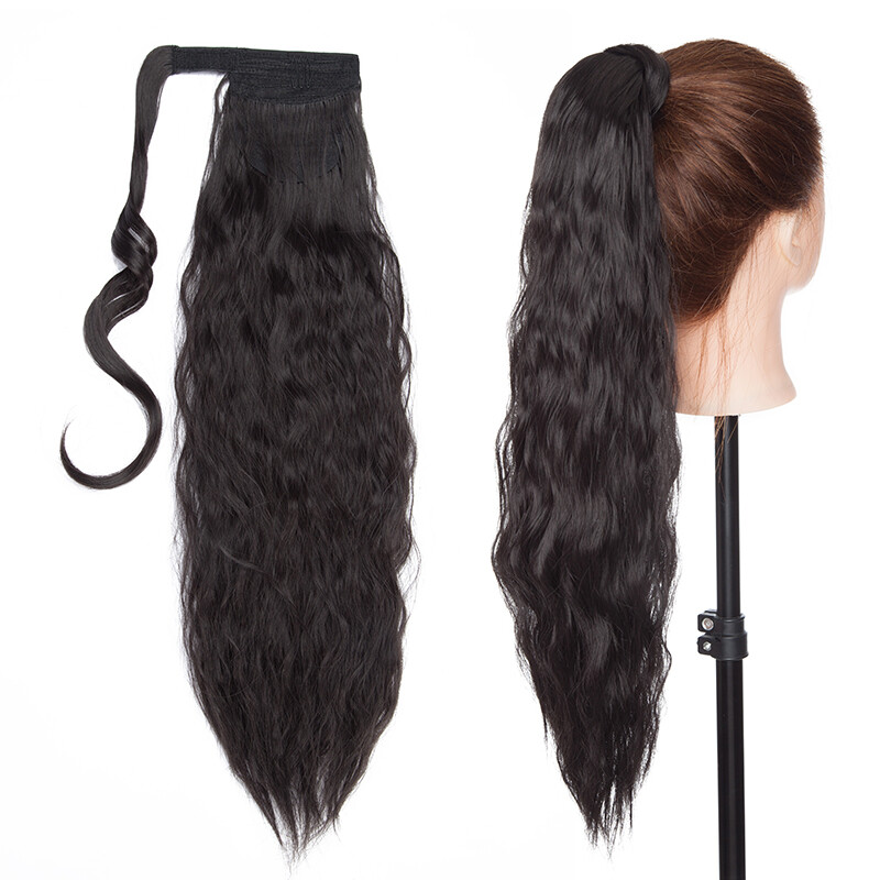 100% Real Wrap Around Ponytail CORN WAVE Hair Extensions One Piece Natural Black
