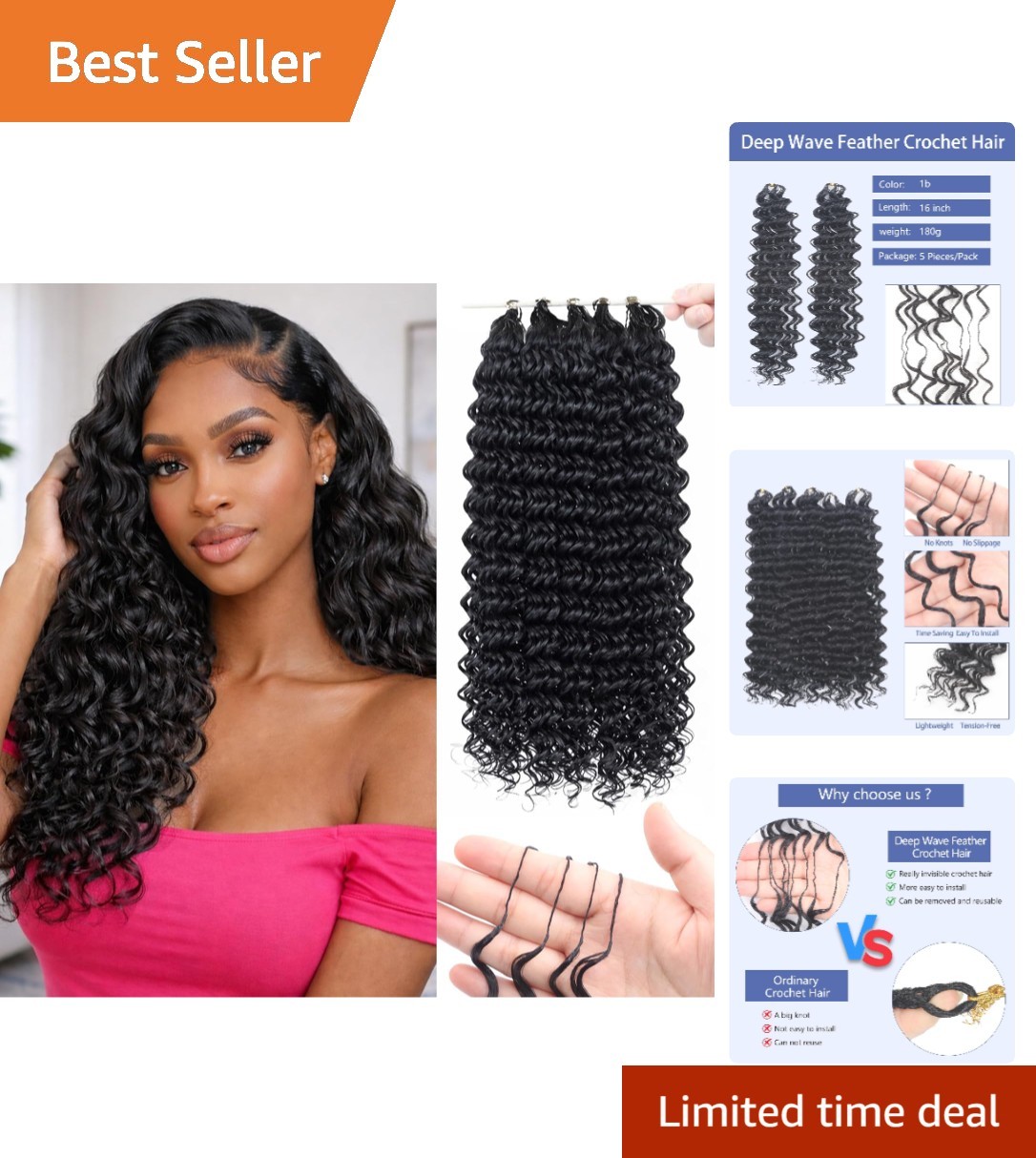 16 Inch Deep Wave Crochet Hair – 180g Pre-Looped Feather Tip for Natural Style