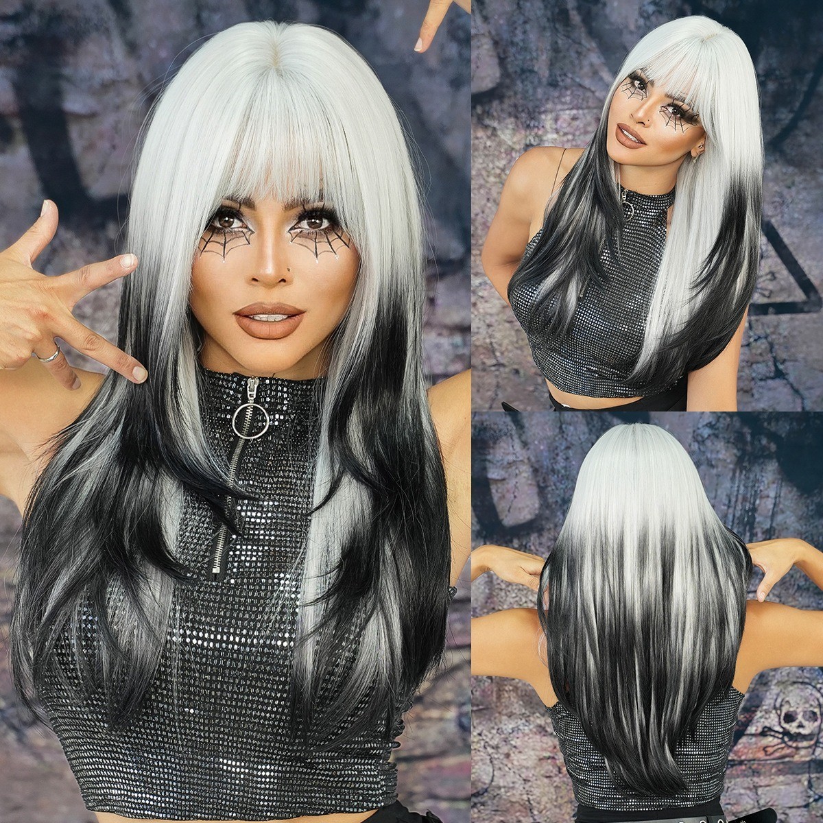 Silver-white gradually darkening black long straight hair high-level wig