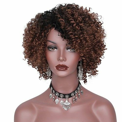 Kinky Curly Short Human Hair Wigs Ombre Brown Peruvian Hair Natural Heat Safe US