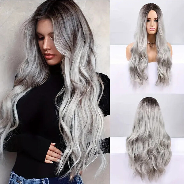 Long Curly Wave Black Grey Ombre Synthetic Wigs Heat Resistant Fashion Party
