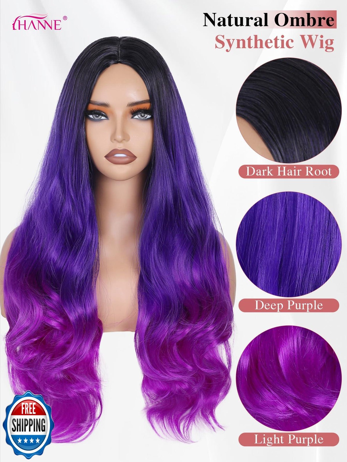 HANNE Ombre Purple Wig Rainbow 3 Tone Mermaid Purple Wigs Black to Blue to Pu