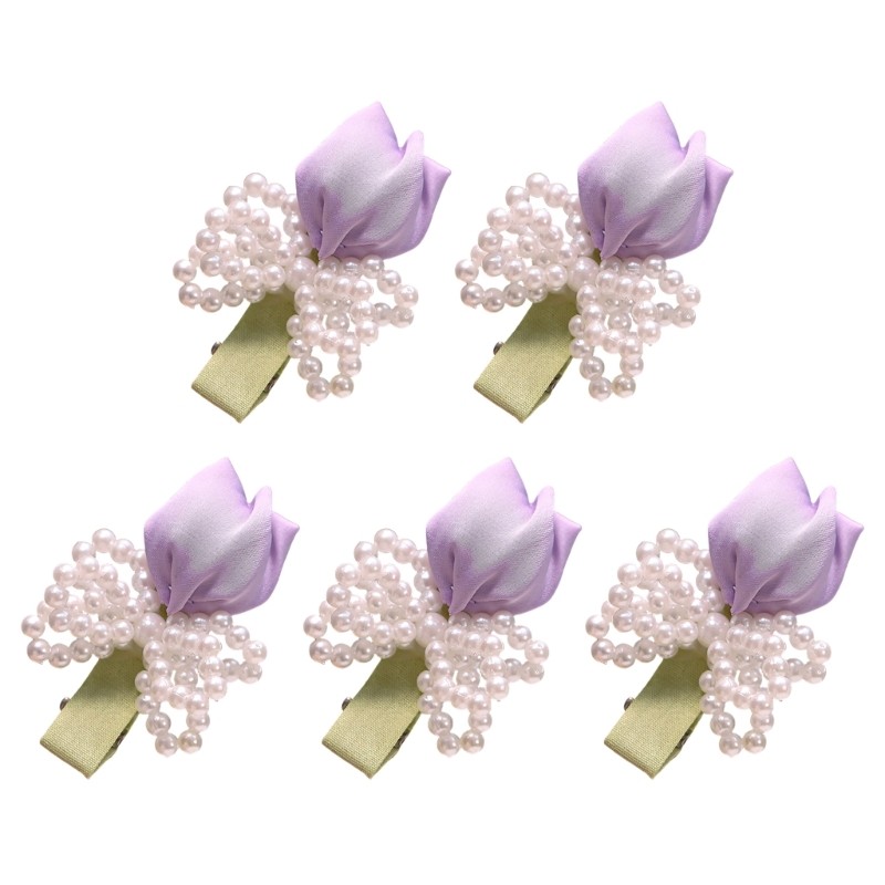 Flower NonSlip Side Hair Clip Pearls Tulips Handwoven Fabric Head Accessory