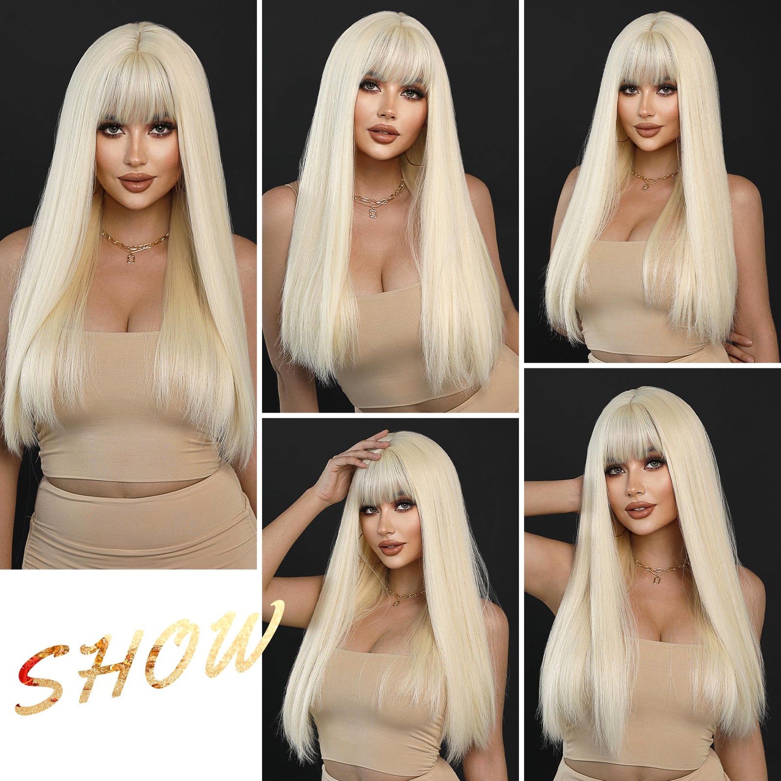 26Inch Long Straight Wig with Bangs 613 Blonde Wig Heat Resistant Synthetic W…