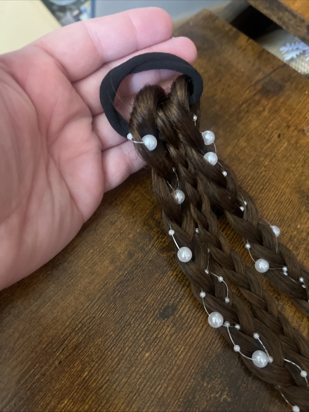 Braided Ponytail Extension with Hair Tie, Pearls Intertwined, 18″ Long Brown