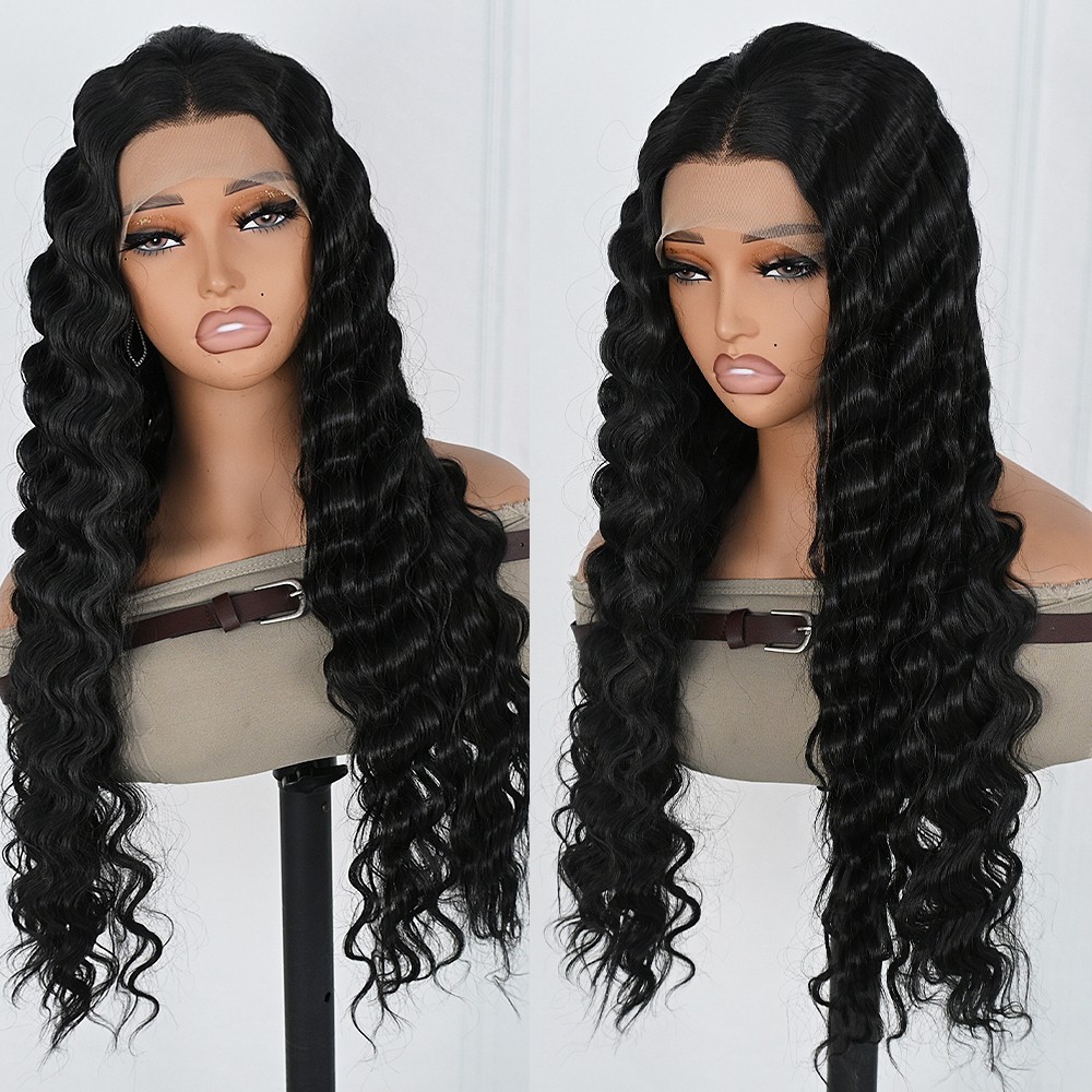 Long Black Hair Deep Wave Synthetic Lace Front Wigs Pre Plucked Natural Hairline
