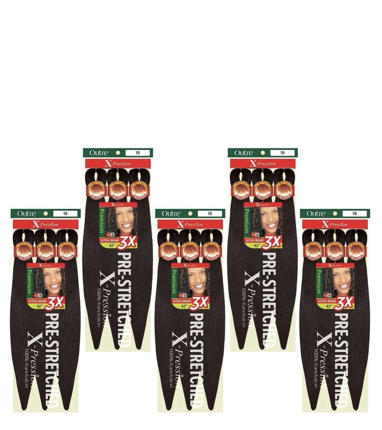 X-Pression Braid Pre Stretched Braid 42″ 3X (5 Pack, OFF BLACK 1B)