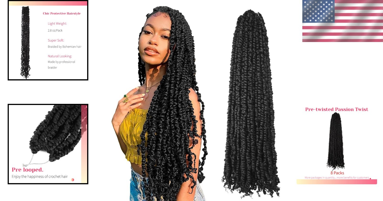 Pre-looped 30″ Passion Twist Crochet Hair 8 Packs 1B Synthetic Boho Tangle-Free