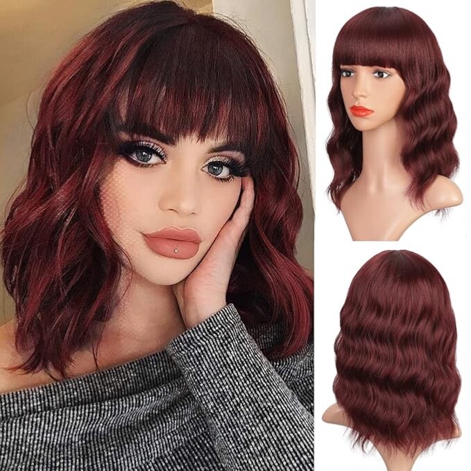 Stamped Glorious Wine Red Wigs -Women Synthetic Shoulder Length Wig with Bang