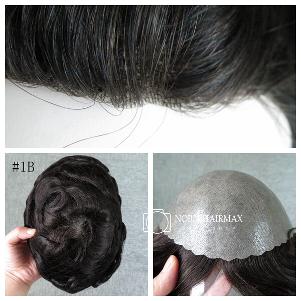 Mens Toupee Human Hair Replacement Skin V-Looped Scalloped Front Hairpieces #1B