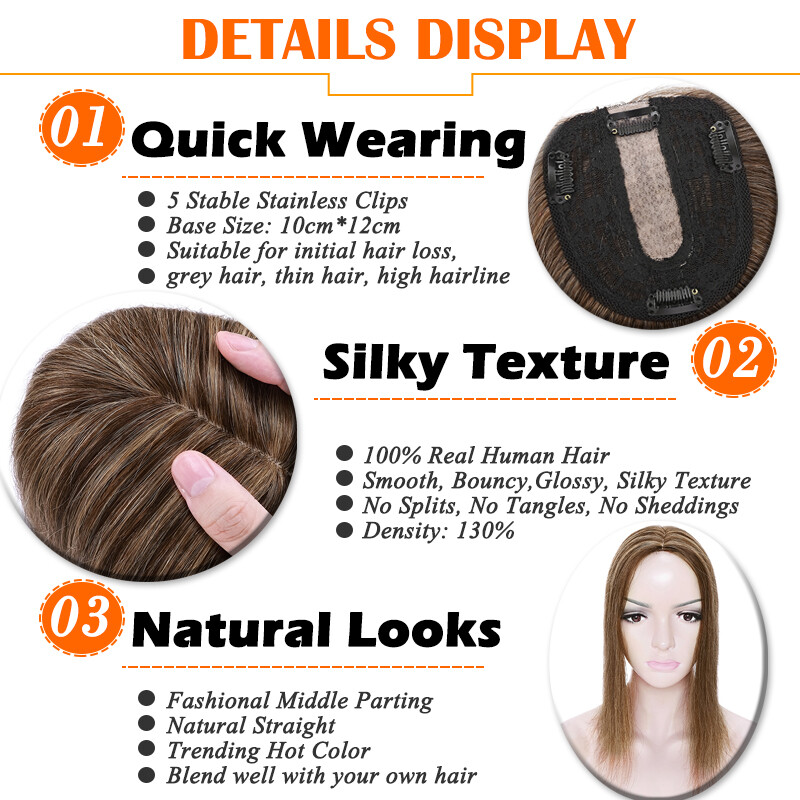 Premium 4 Clips Human Hair Topper REAL Women Hairpiece Top Frontal Coverage US