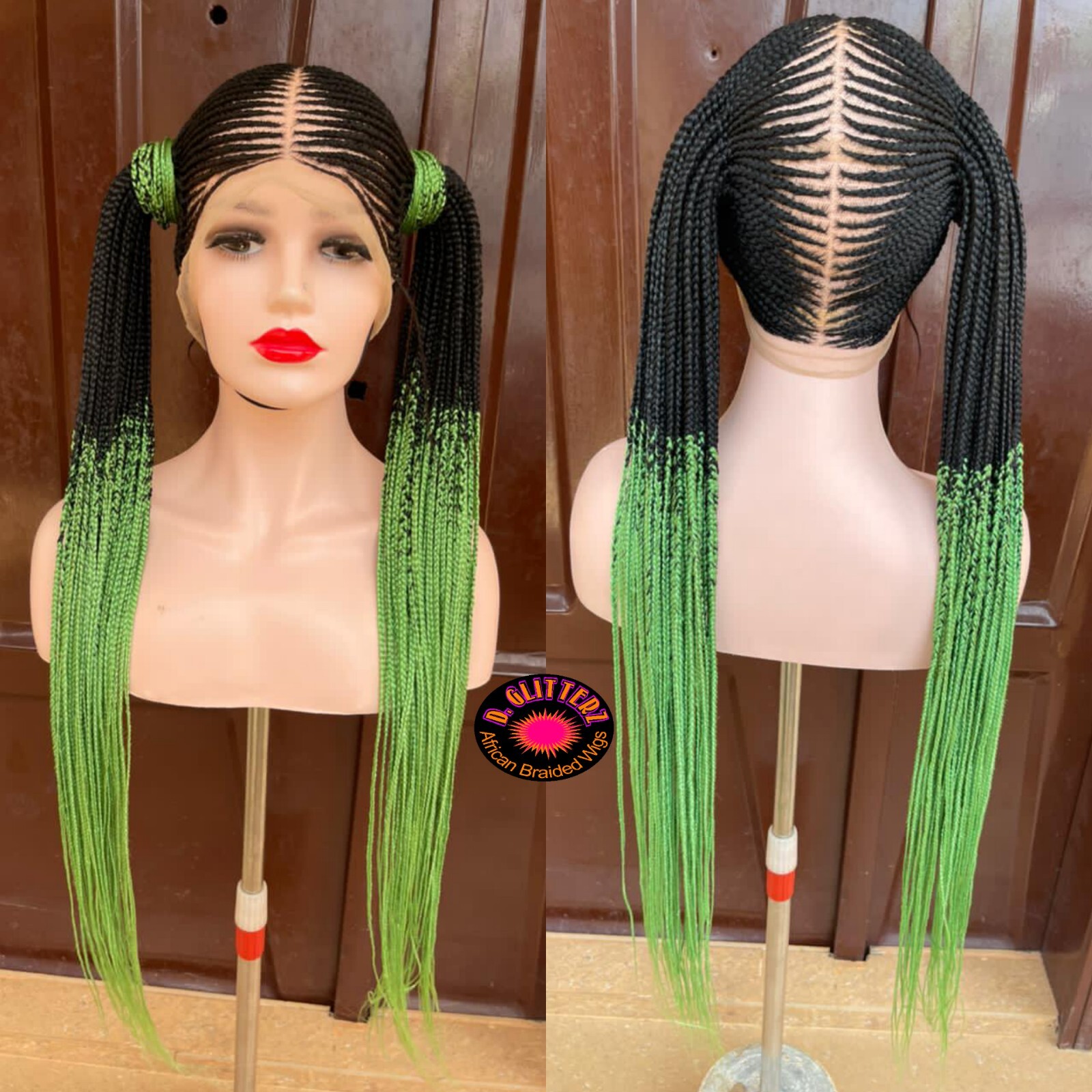 AFRICAN BRAIDED TWO PONYTAIL CONROW WIG ON FULL LACE MEDIUM SIZE 42″