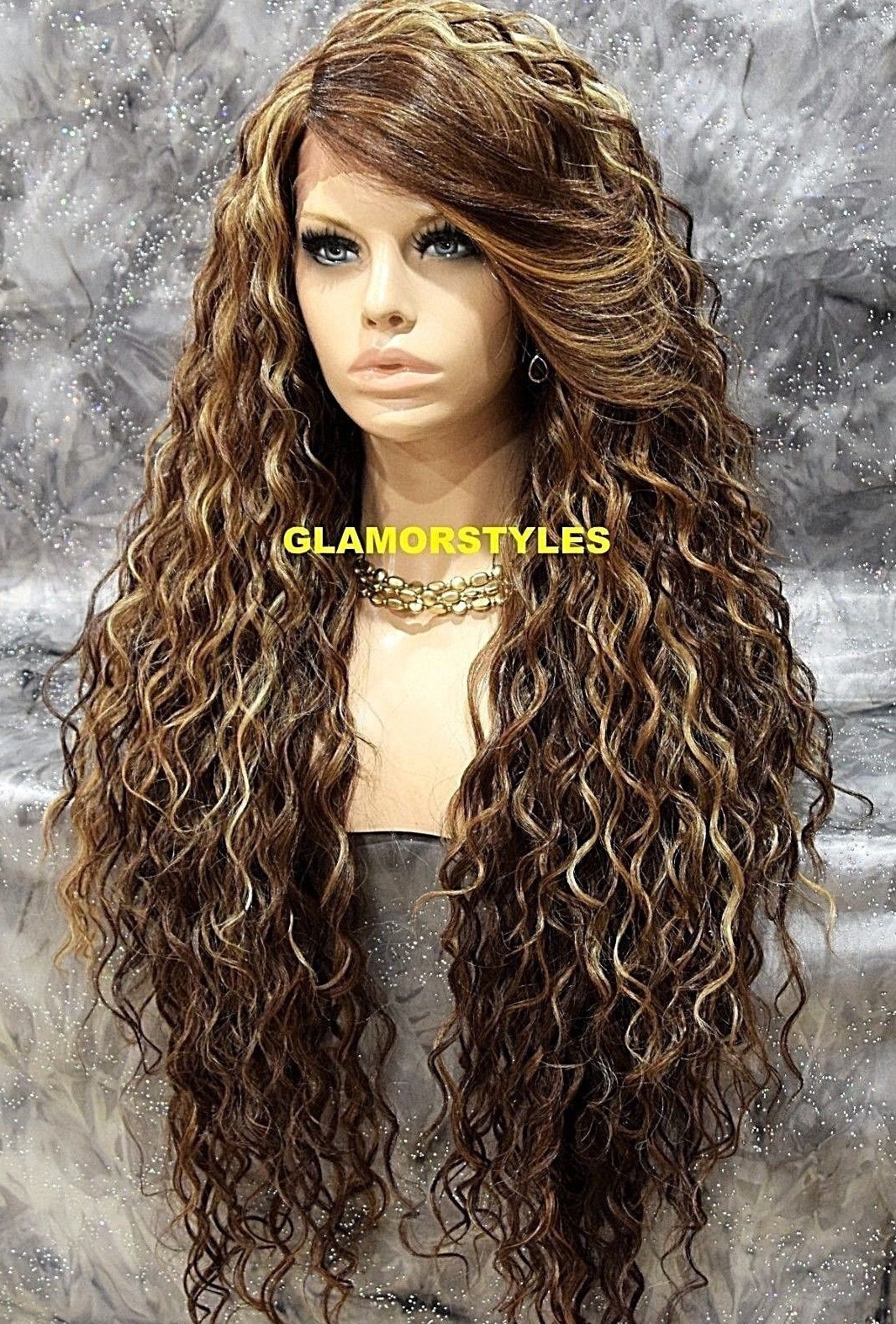 LACE FRONT FULL WIG LONG CURLY LAYERED SIDE PART BROWN BLONDE MIX HEAT OK NWT