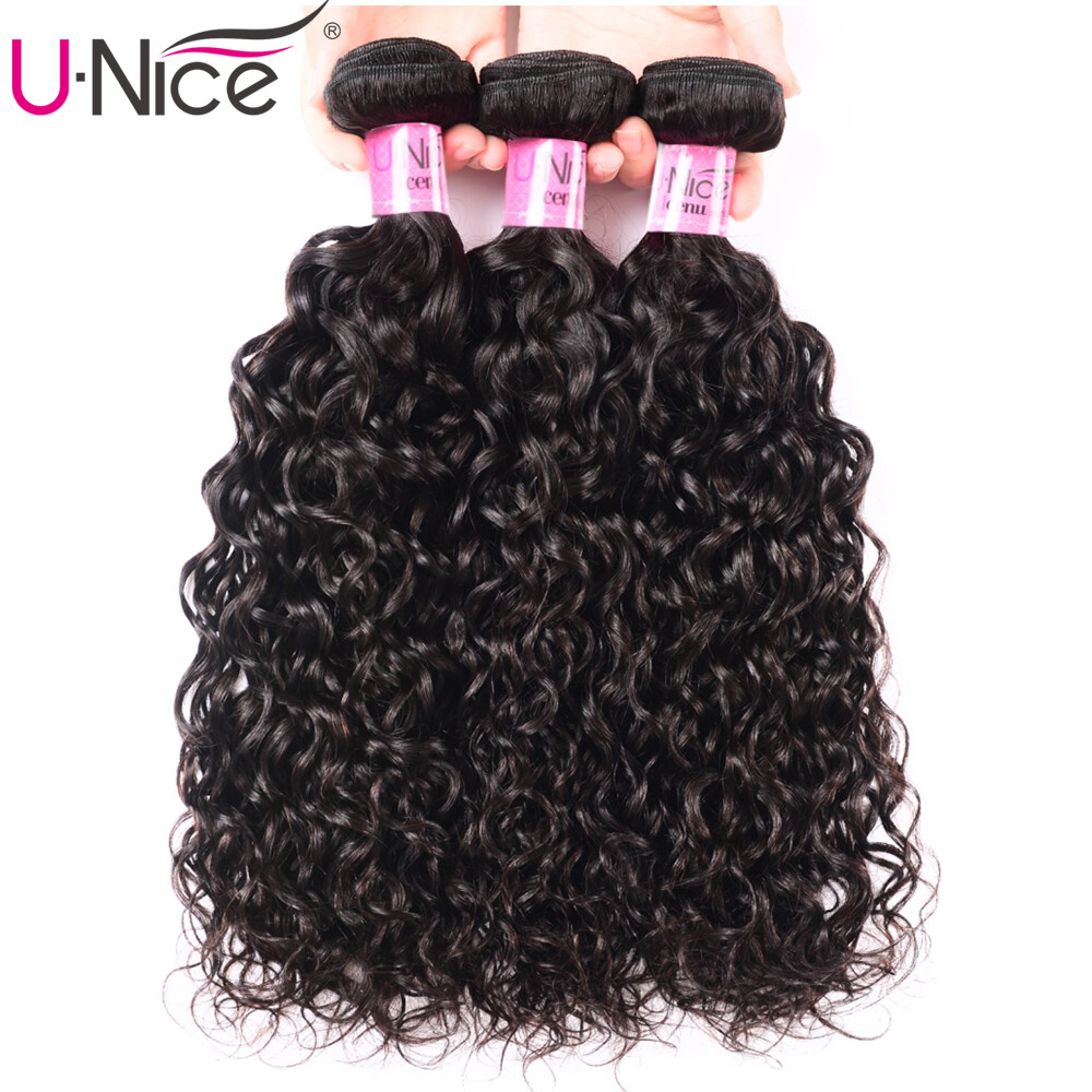 UNice Indian Water Wave Human Hair Extensions 3 Bundles With Lace Closure Weave