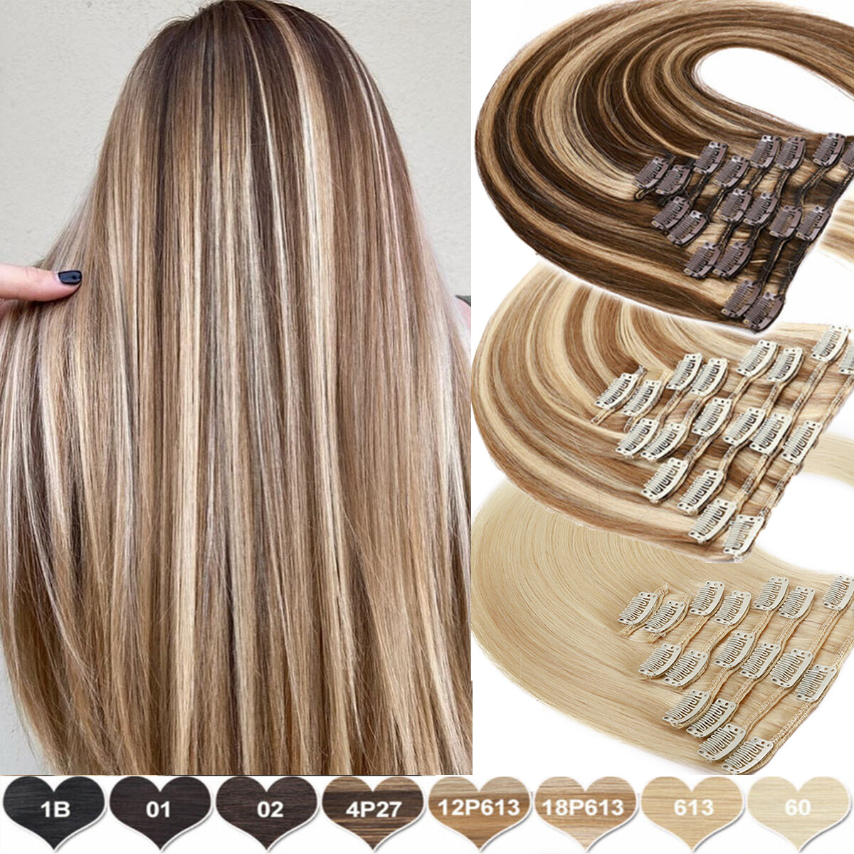 CLEARANCE Clip In 100% Real Human Remy Hair Extensions Full Head Weft Highlight