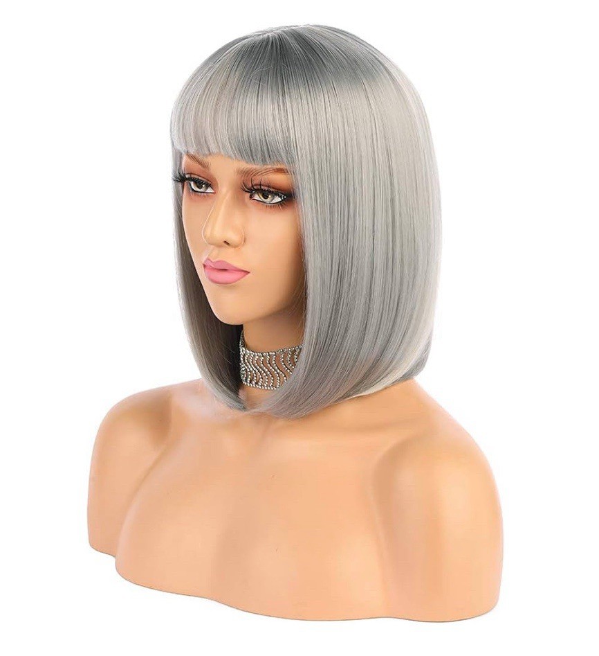 New Silver Gray eNilecor Short Bob Hair Wig 12″ Straight Flat Bangs Synthetic