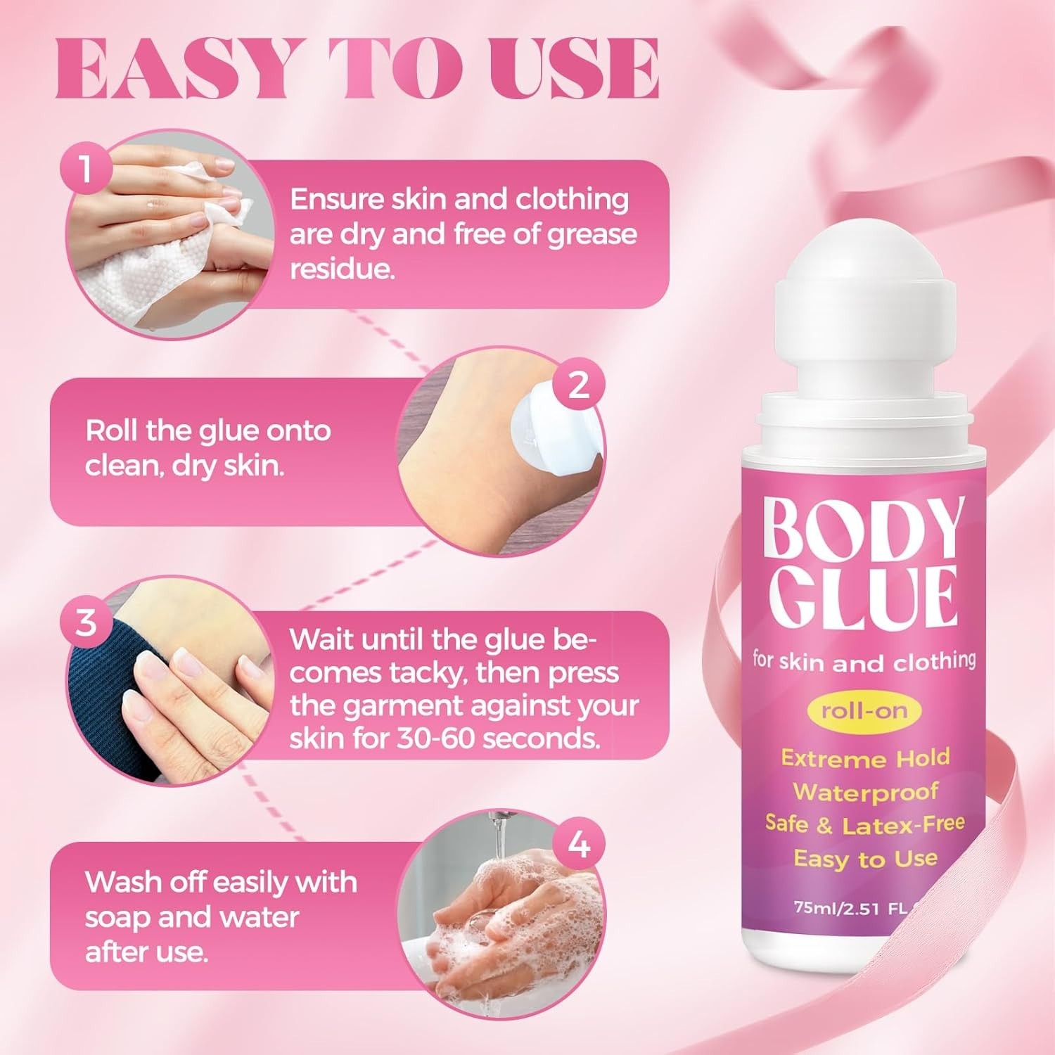 Body Glue for Clothes & Skin 2.54 Oz, Body Adhesive Roll-On, Sweat Resistant,…
