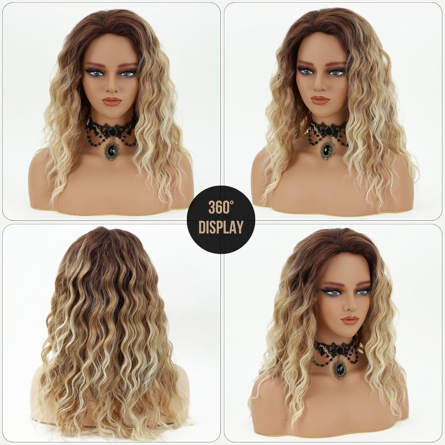 Ombre Blonde Curly Wigs for Women Medium Length Synthetic Wig Afro Wave Curly…