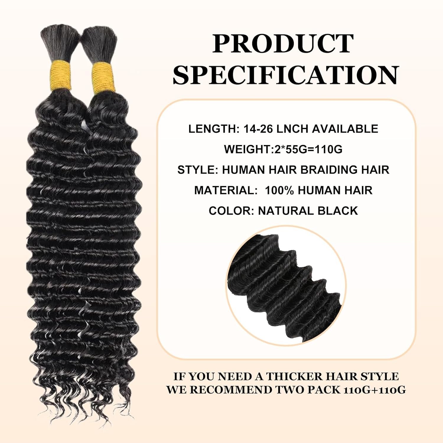 Human Braiding Hair for Boho Braids 2 Bundles 110G 20 Inch Deep Wave Bulk Human