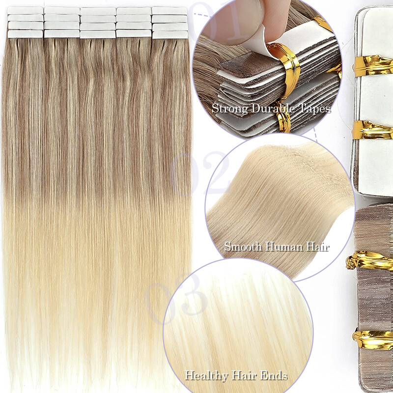 Tape in Hair Extensions 100% Real Remy Human Hair Skin Weft Dirty Balayage Ombre