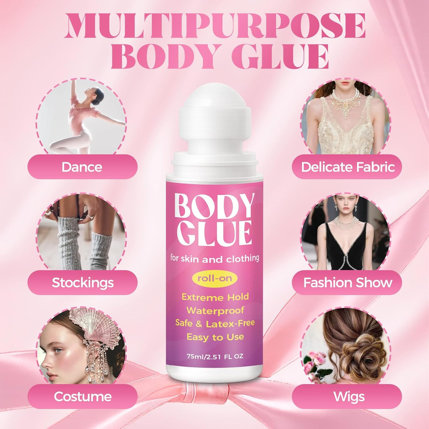 Body Glue for Clothes & Skin 2.54 Oz, Body Adhesive Roll-On, Sweat Resistant, Wa