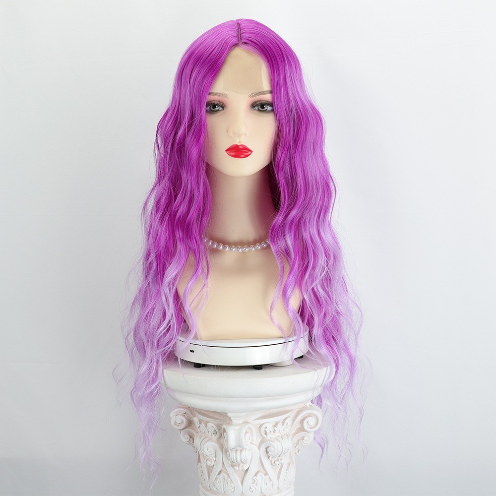 Women’s Ombre Blue Purple Long Wavy Synthetic Wig, Middle Part Lace Front Wig