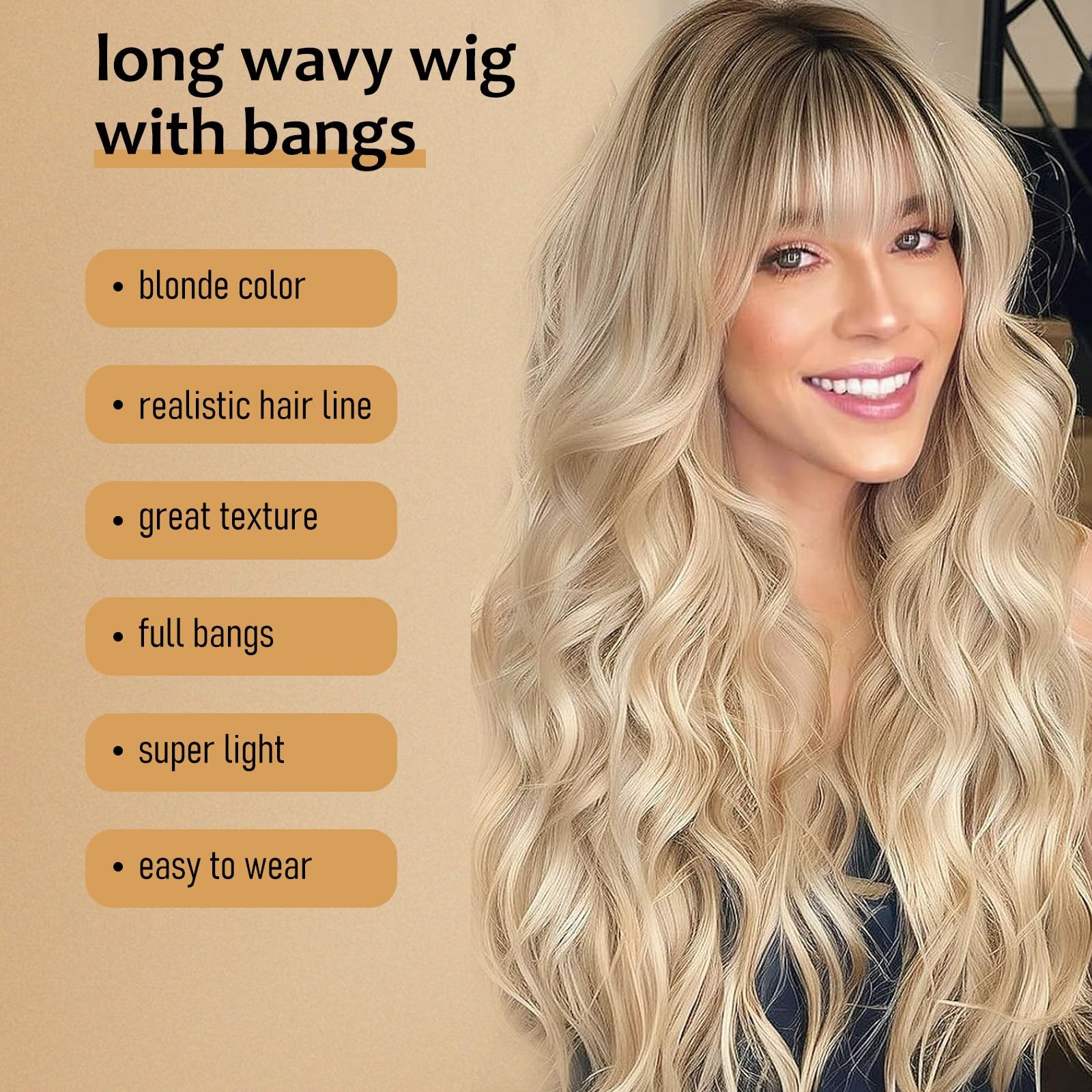 Blonde Wig with Bangs for Women 26 Inch Long Wavy Wig Blonde Hair Wigs Heat R…