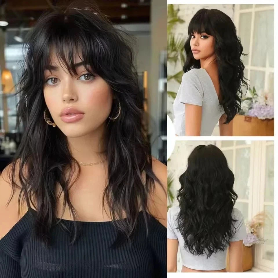 Human Hair Blend New Fashion Beautiful For Women’s Long Black Curly Wigs 24In