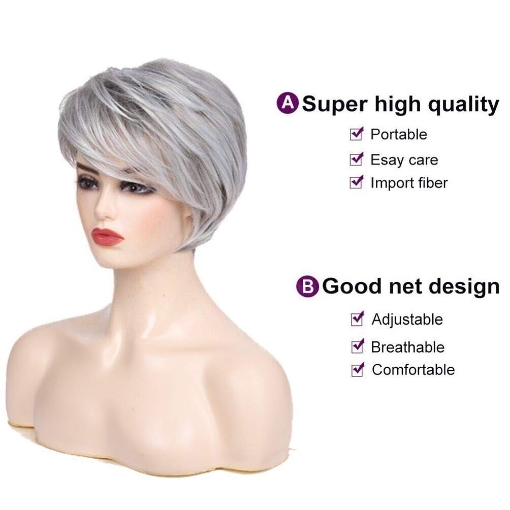 Short Grey Wigs with Bangs Silver Grey Layered Wigs for White Women