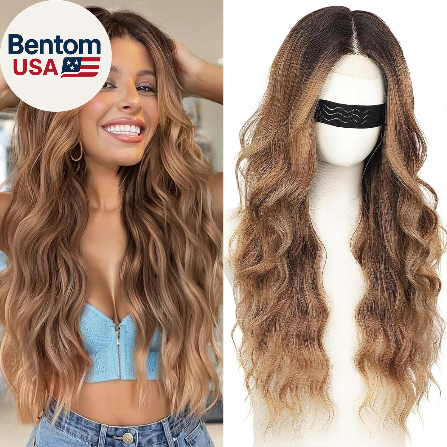 Long Brown Mixed Blonde Wavy Wig 4X1 Lace Natural Hairline Middle Part Curly Hea