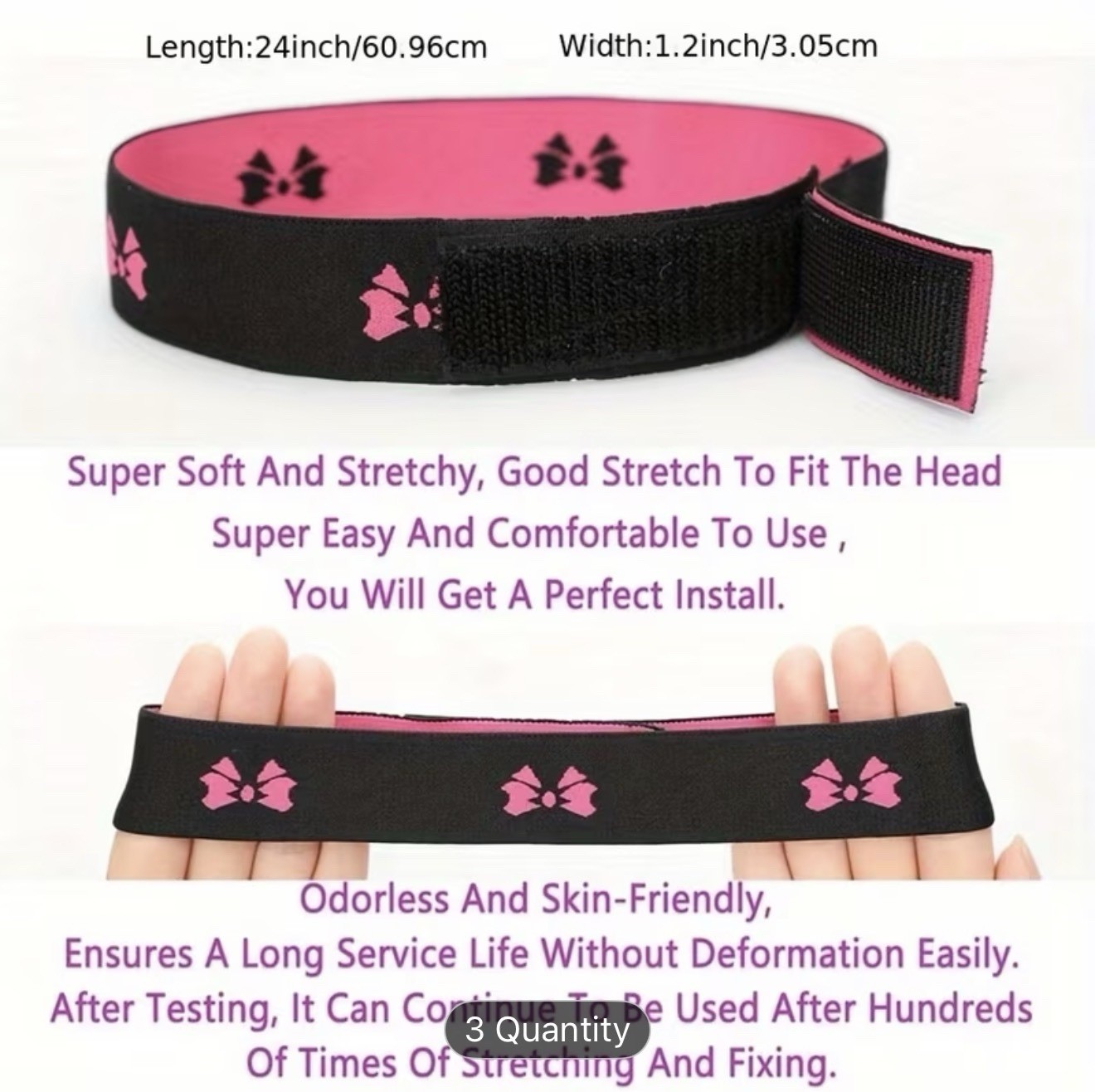 3 – Adjustable Wig Lace Melt Bands Stretchy Reusable Pink/Black One Size Women