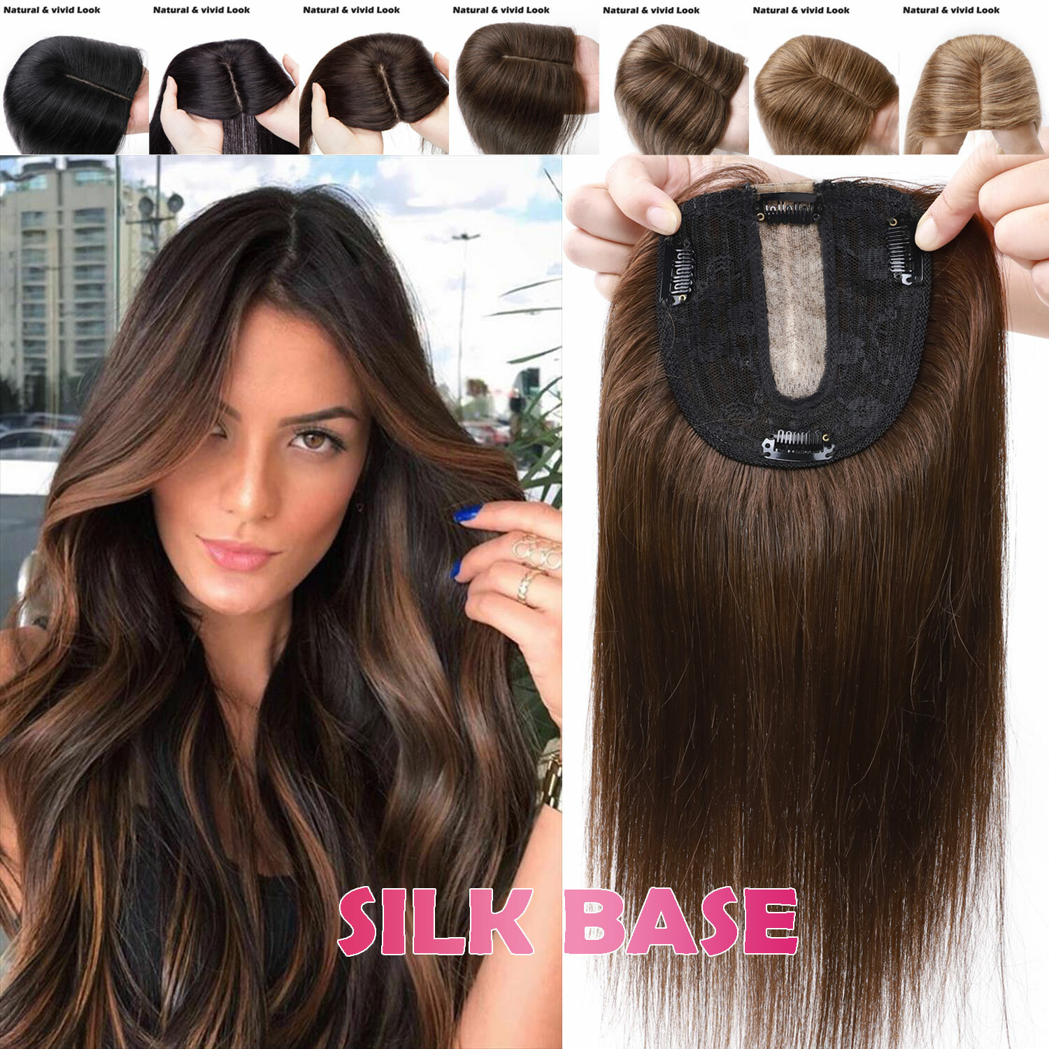 150% Topper Hairpiece Clip In Remy Human Hair Silk Top Toupee Wiglet Bangs Soft